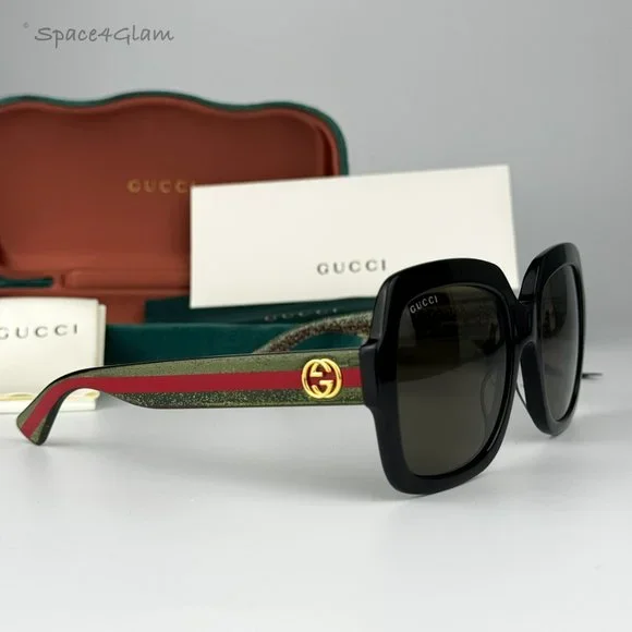 NEW GUCCI GG0036SN 002 Black Green Red Square Women Sunglasses GG 0036SN